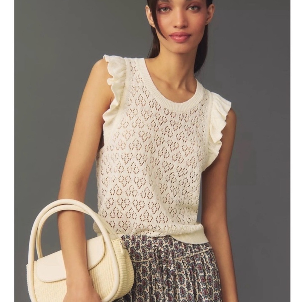 Anthropologie Cream Eyelet Knit Ruffle Sleeve Tank